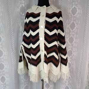 Vintage 70s Striped Knit Crochet Top Sweater Cape Handmade Women One Size